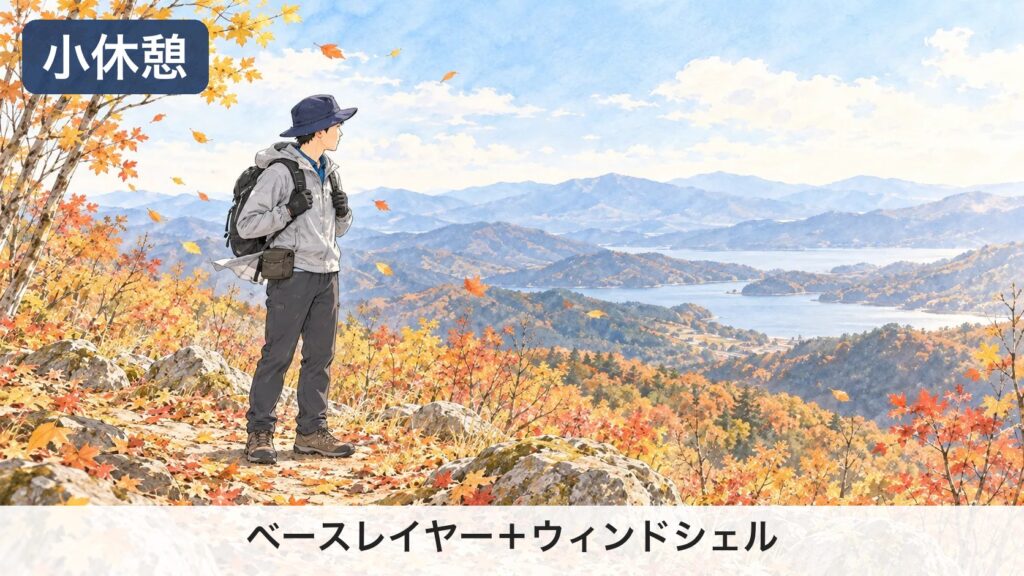 小休憩。長袖シャツの上に、薄いウィンドシェルを1枚